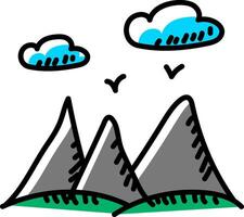 A cartoon mountain with clouds above it vector