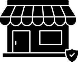 A black and white illustration of a shop with a shield vector