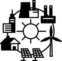 An illustration of a solar panel, wind turbine, and other energy sources vector