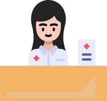 A woman in a white coat sitting at a desk with a red cross vector