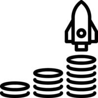 A black and white illustration of a rocket launching coins vector