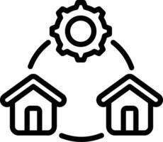 A black and white icon of two houses with a gear vector
