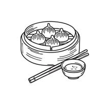 Dim sum in a bamboo steamer with chopsticks and dipping sauce vector