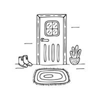Doormat lying in front of a wooden door with shoes vector