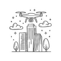 Drone flying over a skyscraper building vector