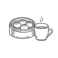 Dim sum served in a round bamboo basket beside a hut cup tea vector