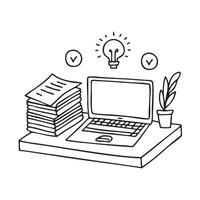Documents piled on a desk next to a laptop vector