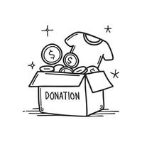 Box filled with coins and shirts for donation vector