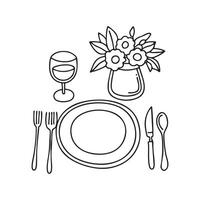 Dining table with plates, cutlery set, glasses, and vase vector