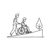 Man pushes injured man with Wheelchair in ramp vector