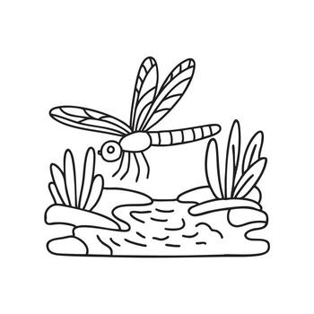 Dragonfly resting on a leaf beside a flowing stream vector