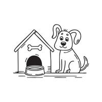 dog with a bone in bowl beside doghouse vector