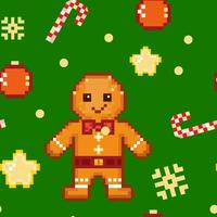 seamless pattern pixel art gingerbread man ,green background vector