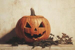 Carved Pumpkin with a Smiling Face and Dried Leaves photo