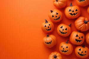 Orange Pumpkins with Carved Faces on Orange Background photo