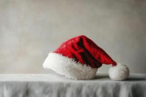 Red Santa Hat with White Fur Trim on a Gray Tablecloth photo