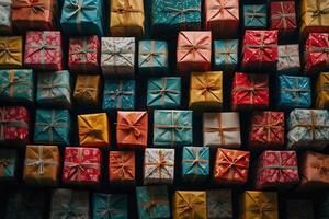 A Collection of Wrapped Gifts with Various Patterns and Colors photo