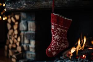 Red Christmas Stocking Hanging Over a Fireplace photo