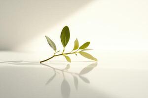 Single Branch with Green Leaves on a White Surface with Soft Sunlight photo
