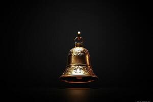 A Gold Bell with Intricate Carvings Suspended Against a Black Background photo