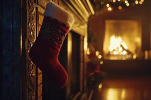 A Red Christmas Stocking Hanging by a Fireplace photo