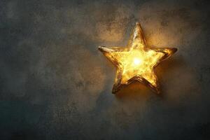 Illuminated Golden Star on Rough Grey Concrete Background photo