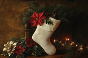 White Christmas Stocking with Poinsettias and Pine photo
