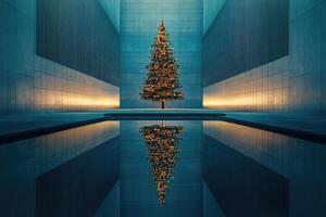 Illuminated Christmas Tree Reflecting in a Pool Between Two Blue Buildings photo