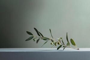 Olive Branch with Green Berries on a Gray Surface photo