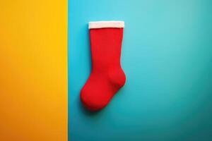 Red Christmas Stocking on a Blue and Yellow Background photo