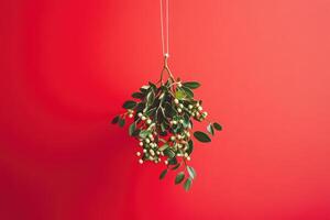 A sprig of mistletoe with white berries hanging from a string against a red background photo