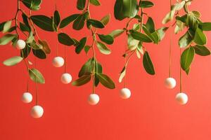 White Balls Hanging from Green Leaves Against a Red Background photo