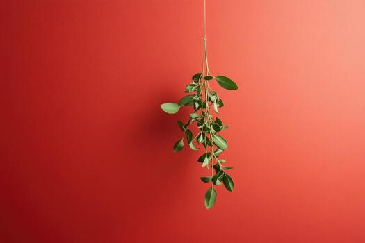 A sprig of green foliage hanging from a string against a red background. photo