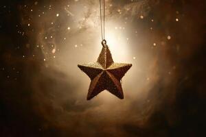 A Shiny Gold Star Ornament Hanging in a Smoky Atmosphere with Sparkling Lights photo