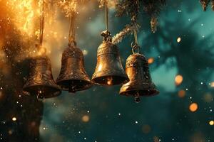Four Golden Bells Hanging in a Wintery Forest photo