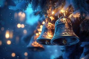 Golden Bells Adorned with Snow Hanging from a Pine Branch photo