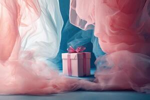Pink Gift Box Surrounded by Flowing Pastel Fabric photo