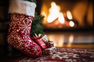Red Christmas Stocking with White Fur Trim and Snowflake Pattern Near Fireplace photo