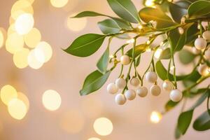 White Ornaments and Green Leaves Hanging with Bokeh Lights photo