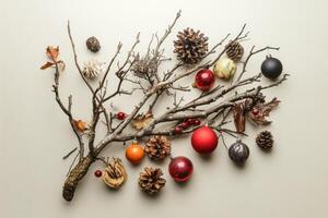Christmas Tree Ornament Arrangement with Twigs and Pine Cones photo