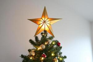 A Golden Star Topper on a Decorated Christmas Tree photo