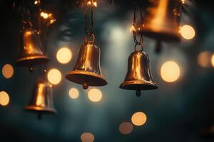 Golden Bells Hanging from a Twinkling Light String photo