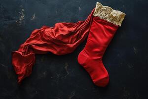 Red Stocking with Lace Trim and Matching Fabric Draped on Black Background photo