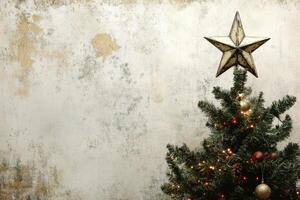 Decorated Christmas Tree with Rustic Star Topper Against a Weathered White Wall photo