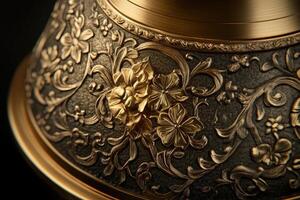 Intricate Gold Floral Design Embossed on a Dark Metal Surface photo