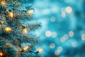 Frosted Pine Branch with Twinkling Lights and Bokeh Background photo