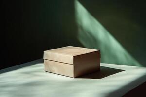 A Beige Box on a White Tabletop with Green Wall and Sunlight photo