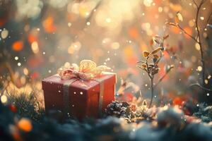 A Red Gift Box with a Golden Bow in a Snowy Forest photo