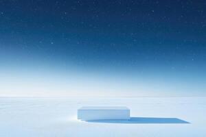 A White Cube Platform Against a Snowy Landscape and Starry Sky photo