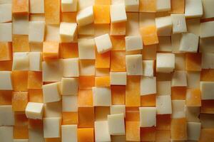 Close-up of a Pattern of White and Yellow Cheese Cubes photo